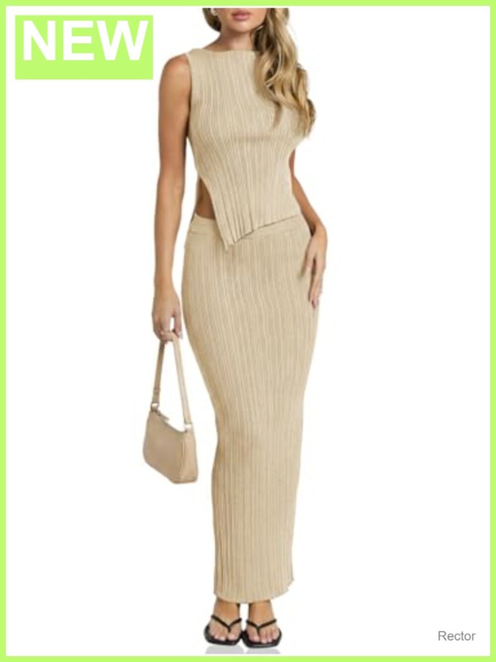Ribbed Knit Sleeveless Crop Top High Waist Bodycon Maxi Skirt 2 Piece Set